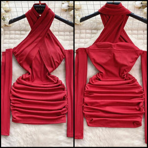 Women Sexy Red Ribbed Halter Full Sleeve Dress