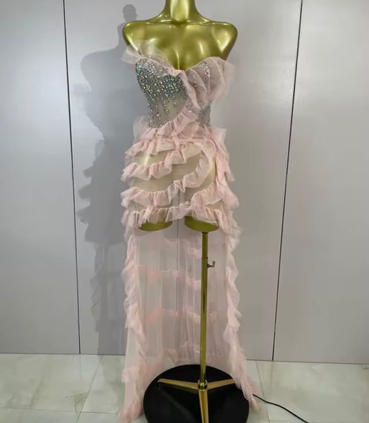 Women Sexy Pink Strapless Ruffle Rhinestone Asymmetrical Dress