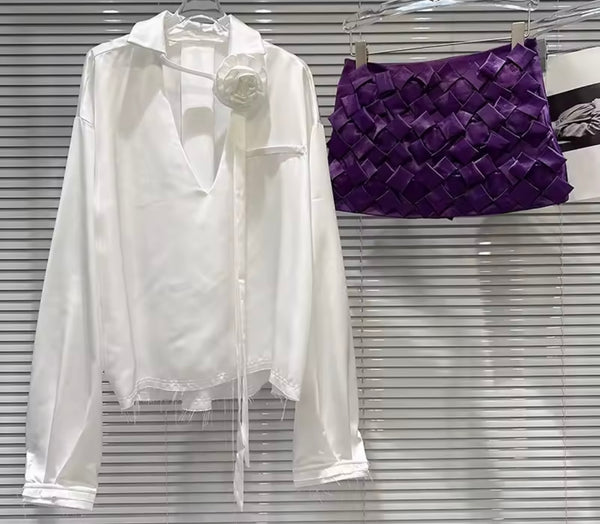 Women White Button Up Full Sleeve Two Piece Purple Skirt Set