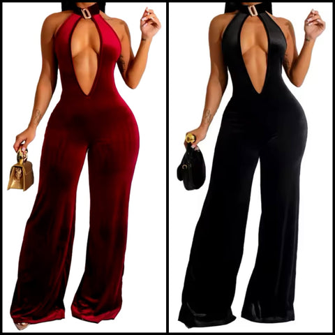 Women Sexy V-Neck Halter Sleeveless Velour Jumpsuit