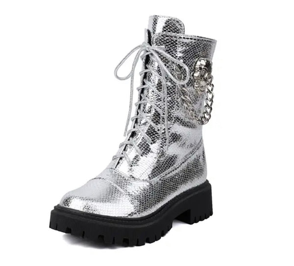 Women Fashion Metallic Skeleton Chain Lace Up Boots
