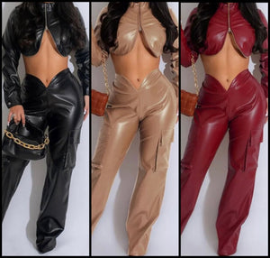Women Fashion Zip Up Full Sleeve Crop Faux Leather Two Piece Pant Set