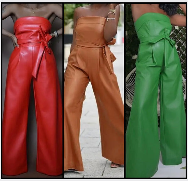 Women Sexy Fashion Strapless Faux Leather Wide Leg Jumpsuit