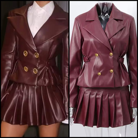 Women Fashion Faux Leather Burgundy Jacket Two Piece Pleated Skirt Set