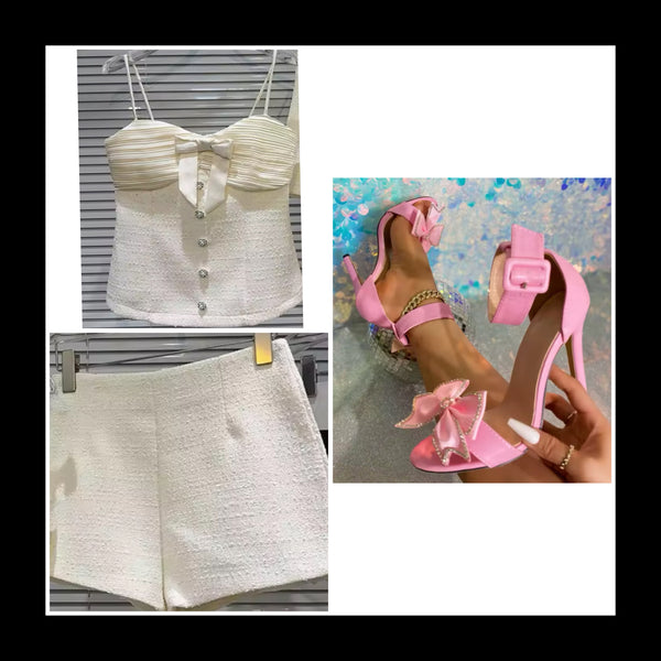 Women Sleeveless Bow Color Two Piece Short Set