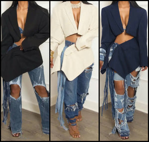 Women Sexy Fashion Blazer Full Sleeve Two Piece Tassel Skirt Set