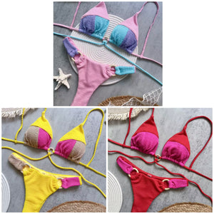Women Sexy Halter Tie Up Color Patchwork Bikini Swimsuit