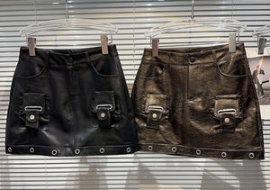 Women Faux Leather Fashion Metal Ring Skirt
