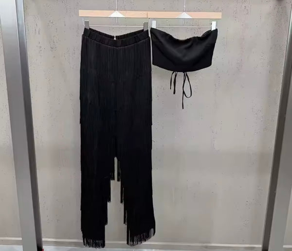 Women Color Strapless Corset Two Piece Fringe Tassel Pant Set