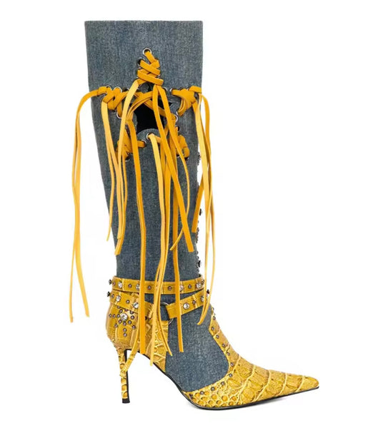 Women Pointed Toe Fringe Tassel Fashion Knee High Boots