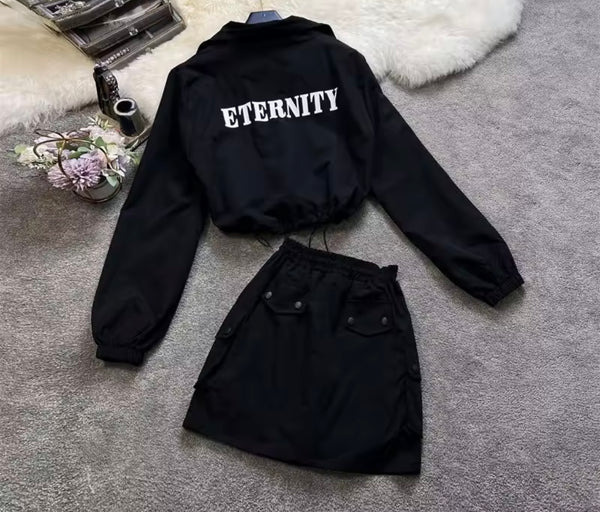 Women Black Letter Print Drawstring Two Piece Skirt Set