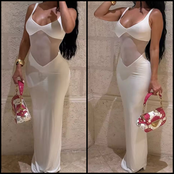 Women Sexy White Sleeveless Mesh Patchwork Maxi Dress