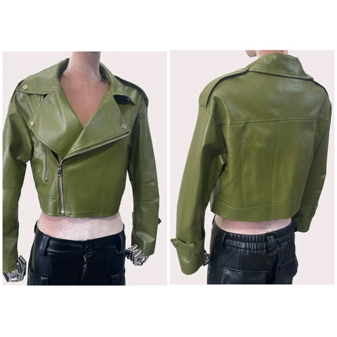 Women Fashion Green Zip Up Faux Leather Crop Jacket