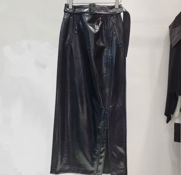 Women Sexy Fashion Black Faux Leather Jacket Two Piece Skirt Set