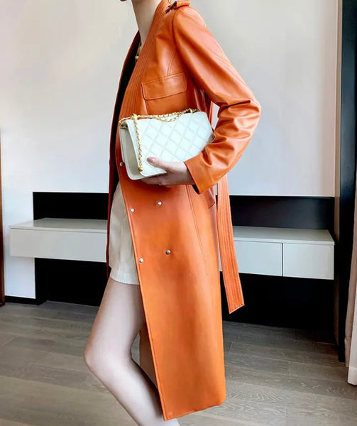 Women Fashion Color Faux Leather Belted Trench Jacket