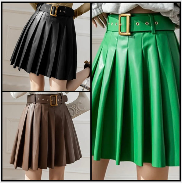 Women Belted Faux Leather Fashion Please Skirt