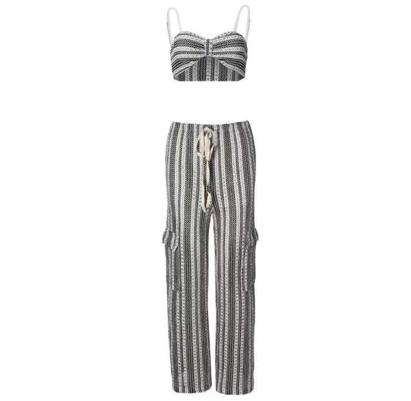 Women Sexy Sleeveless Knitted Striped Two Piece Pant Set
