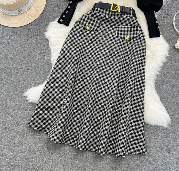 Women Chain Full Sleeve Two Piece Plaid Maxi Skirt Set