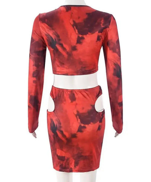 Women Sexy Red Printed Cut Out Full Sleeve Crop Two Piece Skirt Set