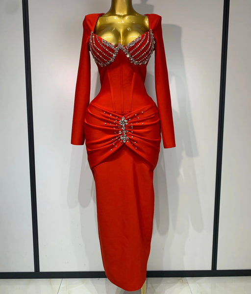 Women Sexy V-neck Bling Full Sleeve Bandage Maxi Dress