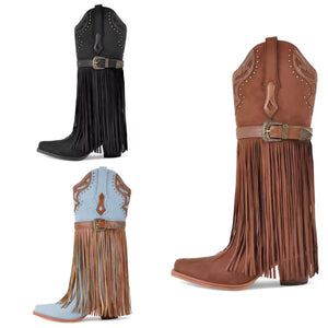 Women Buckled Fringe Tassel Fashion Knee High Western Boots