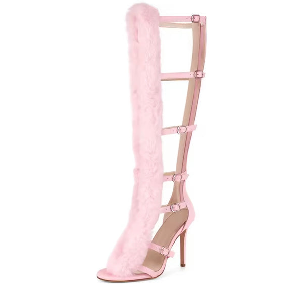 Women Fashion Fur Patchwork Buckled Knee High Sandals