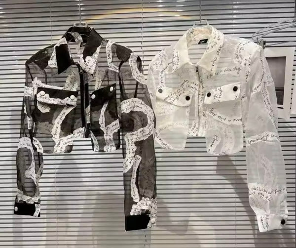 Women B&W Collar Full Sleeve Letter Print Mesh Crop Top