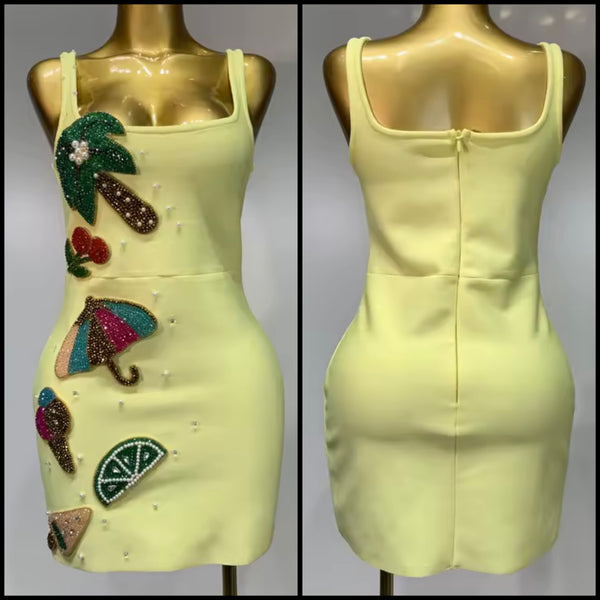 Women Sexy Sleeveless Yellow Beaded Rhinestone Dress