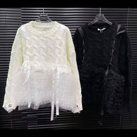 Women Fashion Ruffled Bow Full Sleeve Sweater Top