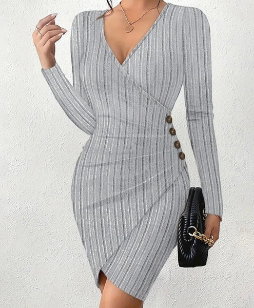 Women Sexy V-Neck Ribbed Button Full Sleeve Dress