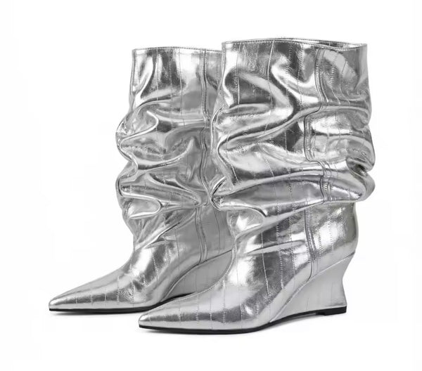 Women Pointed Toe Ruched Fashion Faux Leather Platform Ankle Boots