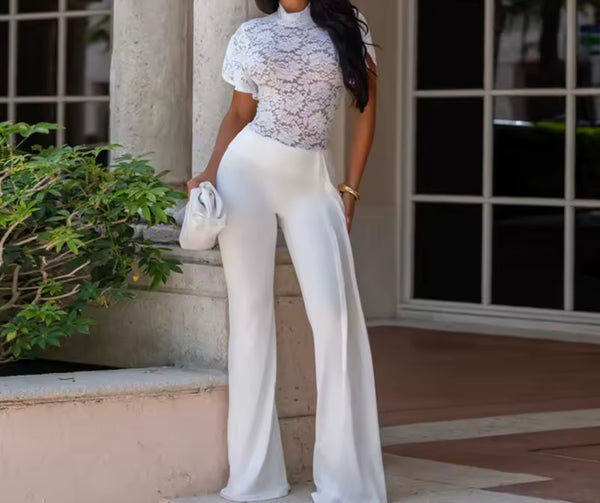 Women Lace Patchwork Short Sleeve Jumpsuit