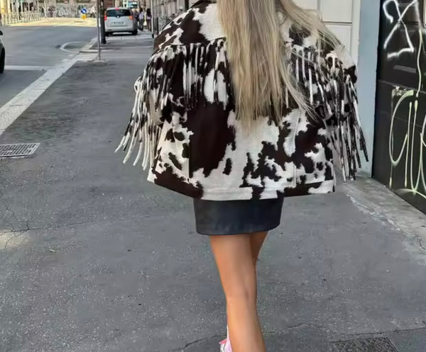 Women Fashion Animal Print Fringe Tassel Jacket