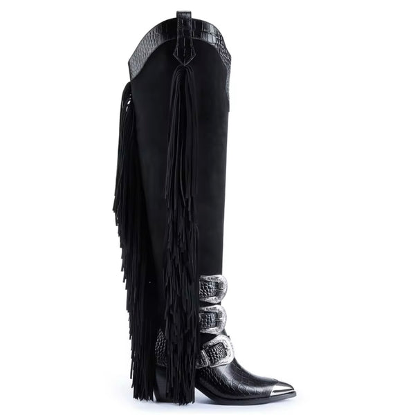 Women Fashion Fringe Buckled Knee High Western Boots