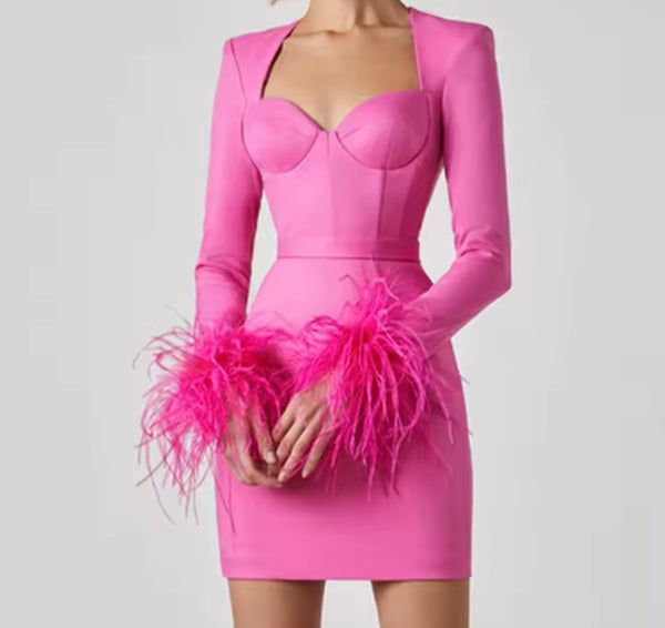Women Pink Sexy Feather Full Sleeve Dress