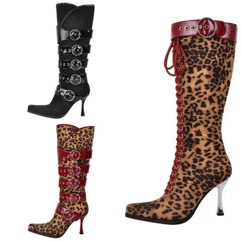 Women Fashion Leopard Suede PU Buckled Knee High Boots