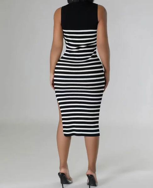 Women Sexy Sleeveless B&W Striped Side Split Dress