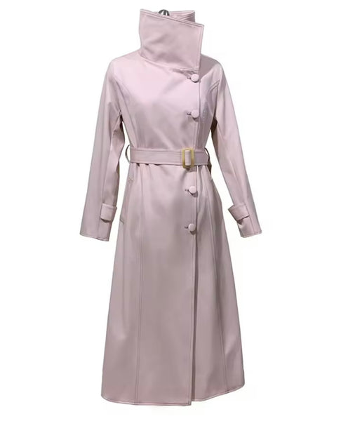 Women Fashion Pink Faux Leather Trench Jacket