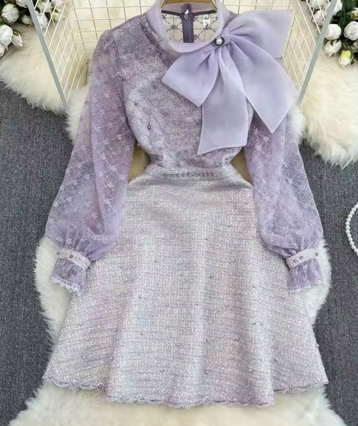 Women Beaded Lace Patchwork Bow Full Sleeve Dress