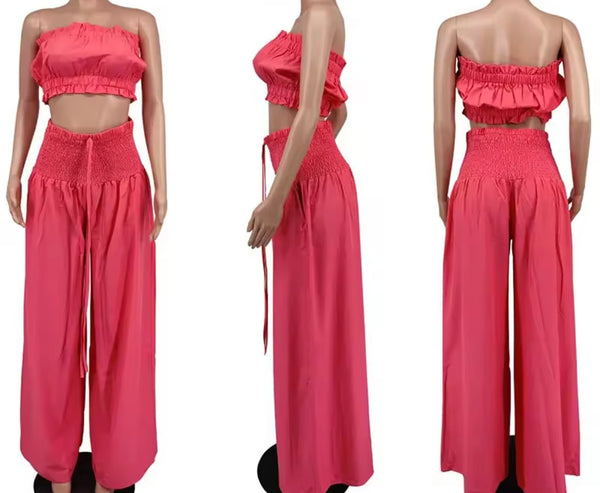 Women Ruffled Strapless Tube Top Two Piece Wide Leg Pant Set