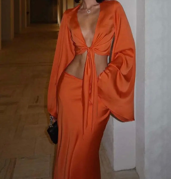 Women Sexy Orange Full Sleeve Crop Two Piece Maxi Skirt Set