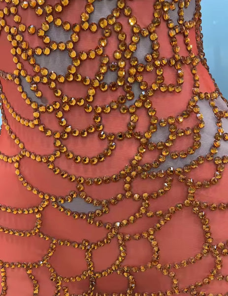 Women Orange One Shoulder Rhinestone Sexy Mesh Dress