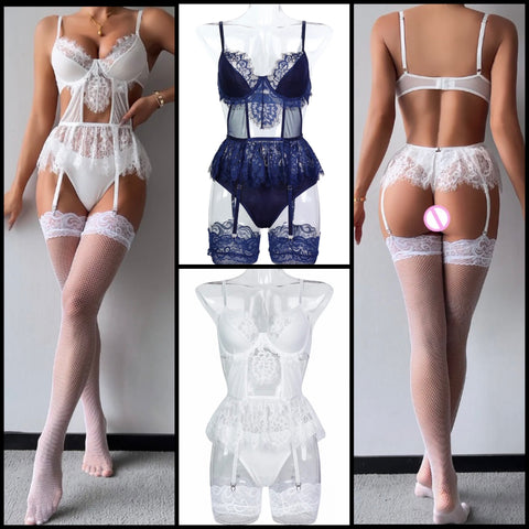 Women Sexy Sleeveless Lace Mesh Bodysuit Lingerie Set