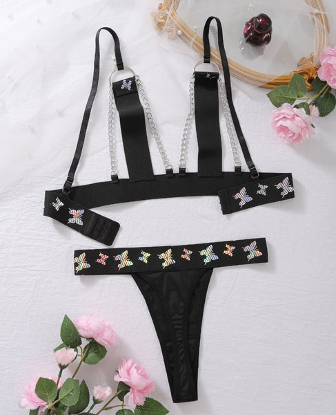 Women Sexy Black Butterfly Print Chain Lingerie Set