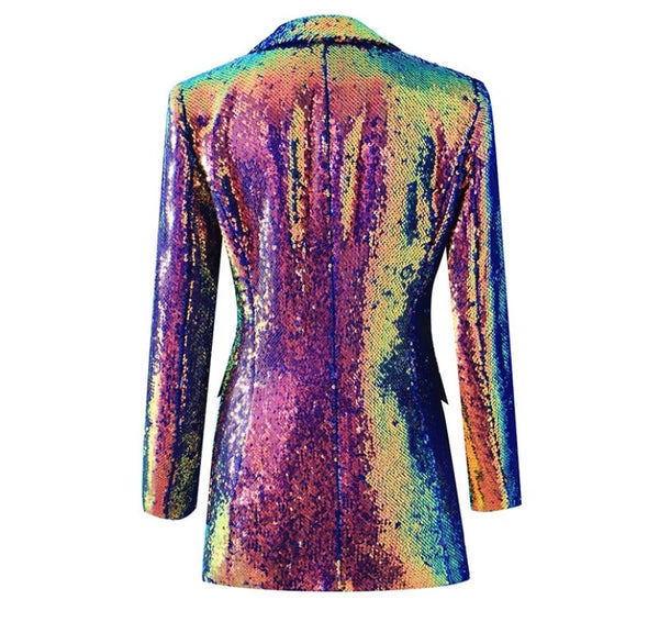 Women Sexy Color Sequins Button Up Blazer Top