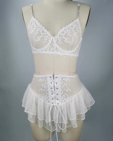 Women Sexy Heart Print Mesh Ruffled Lingerie Set