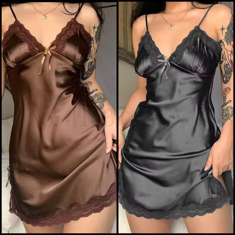 Women Satin Sleeveless Lace Bow Sexy Nightgown Lingerie