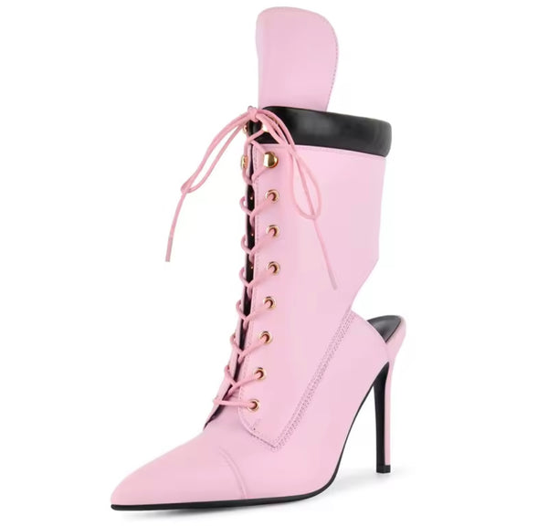 Women Fashion Pointed Toe Lace Up Cut Out High Heel Ankle Boots