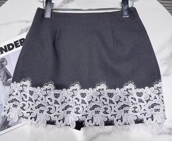 Women Strapless Button Up Lace Patchwork Two Piece Skirt Set