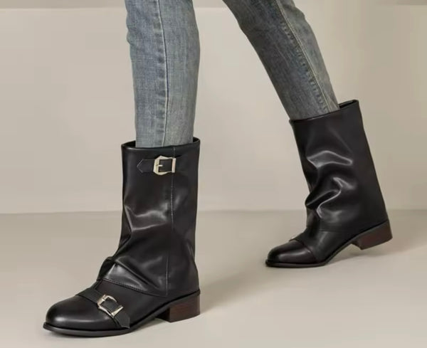 Women Fashion Round Toe Buckled Faux Leather Flat Ankle Boots